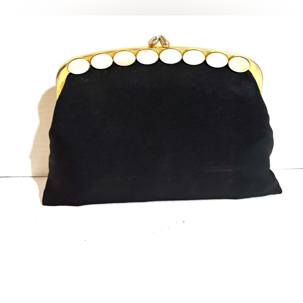 Vintage Black satin Clutch with Gold Frame and White pearls Accents